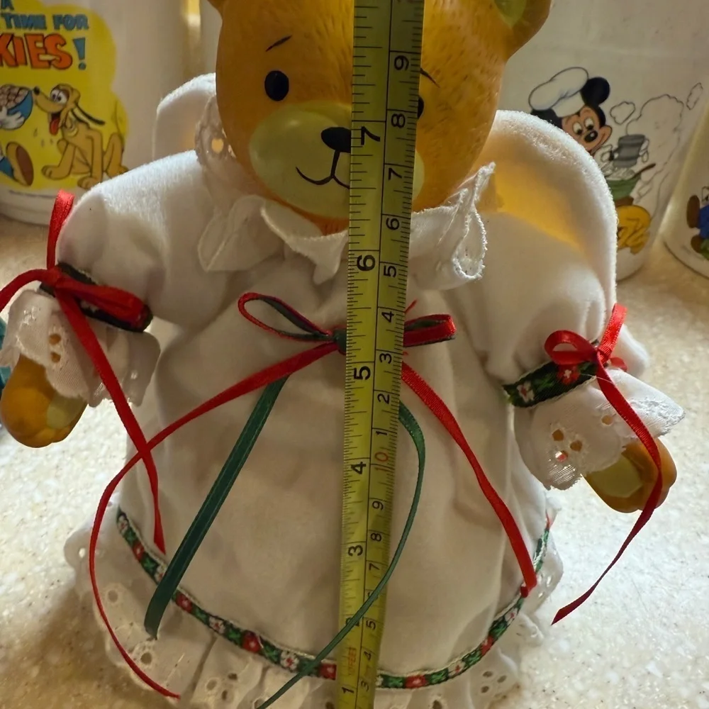 Vintage Angel Christmas Tree Topper Teddy Bear Figurine w/ Holiday White Dress